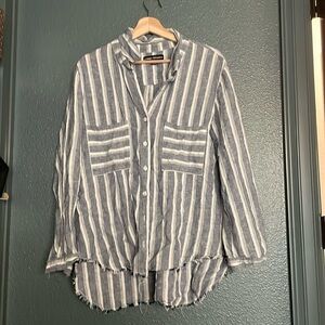 Catherine Malandrino frayed-hem navy striped button-down shirt size large